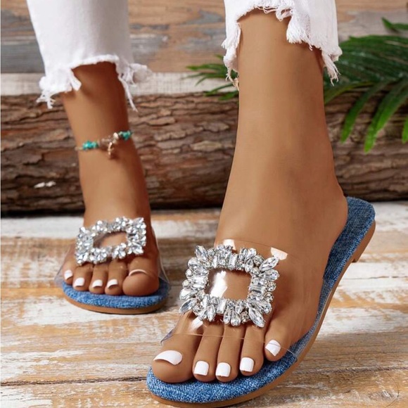 New Outdoor Beach Vacation Rhinestone Buckle Flat Sandals - Picture 3 of 5